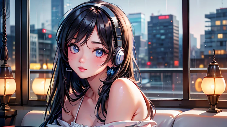 a young woman in a retro anime-style cafe, rain outside the window, drinking coffee, wearing headphones and listening to music alone, cityscape view, chillwave, lo-fi aesthetic, elegant cafe counter, cozy interior, (best quality,4k,8k,highres,masterpiece:1.2),ultra-detailed,(realistic,photorealistic,photo-realistic:1.37),1girl,beautiful detailed eyes,beautiful detailed lips,extremely detailed eyes and face,longeyelashes,portrait