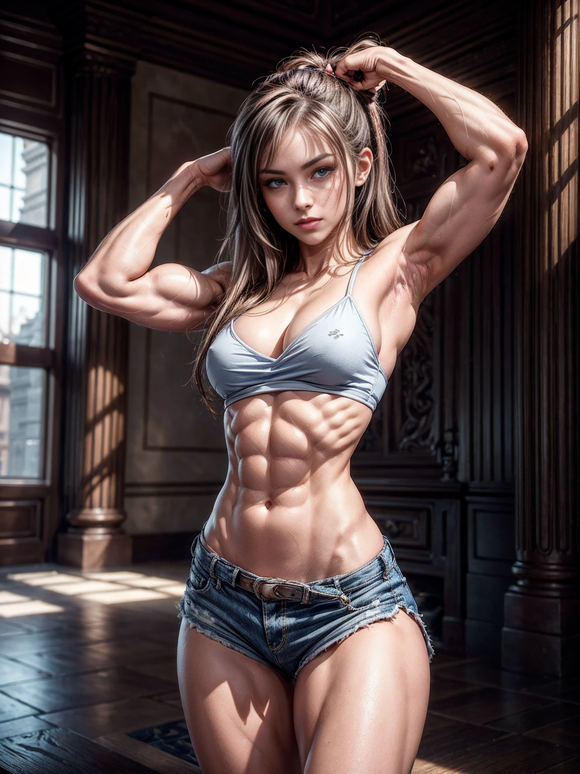 Cute, gorgeous, Caucasian girl, fit, (muscular:1.4), 18, , (flexing biceps:1.5), abs, slender, slim, (long flowing brown hair:1.5), blue eyes, glamorous, seductive, stunning, flawless, perfect, beautiful, cute, pretty, makeup, flirtatious smile, full body, (shorts and crop top), masterpiece, 8k, highly detailed, sexy, SLR camera, ultra-quality, sharpness, depth of field, film grain (center), Fujifilm XT3, crystal clear, frame center, beautiful face, sharp focus, detailed skin pores, (tiny waist:1.3), colorful, hyper-detail, cinematic light, intricate detail, photograph by arny freytag, (arms raised), (flexing bicep pose), sexy, small boned, (dainty:1.5), nsfw, (lithe:1.5), busty, cleavage, (realistic, hyperrealistic:1.5), intricate, high detail, shadows, in a classroom