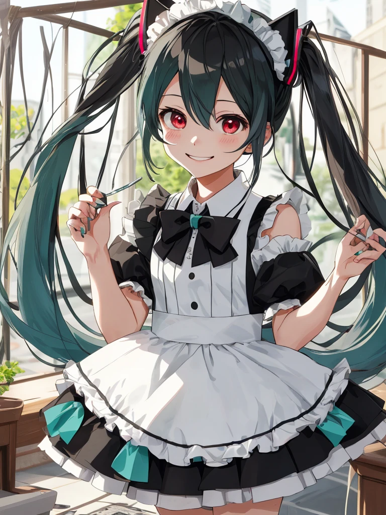hatsune miku, maid, cute, cat ears, smiling, red eyes, black hair