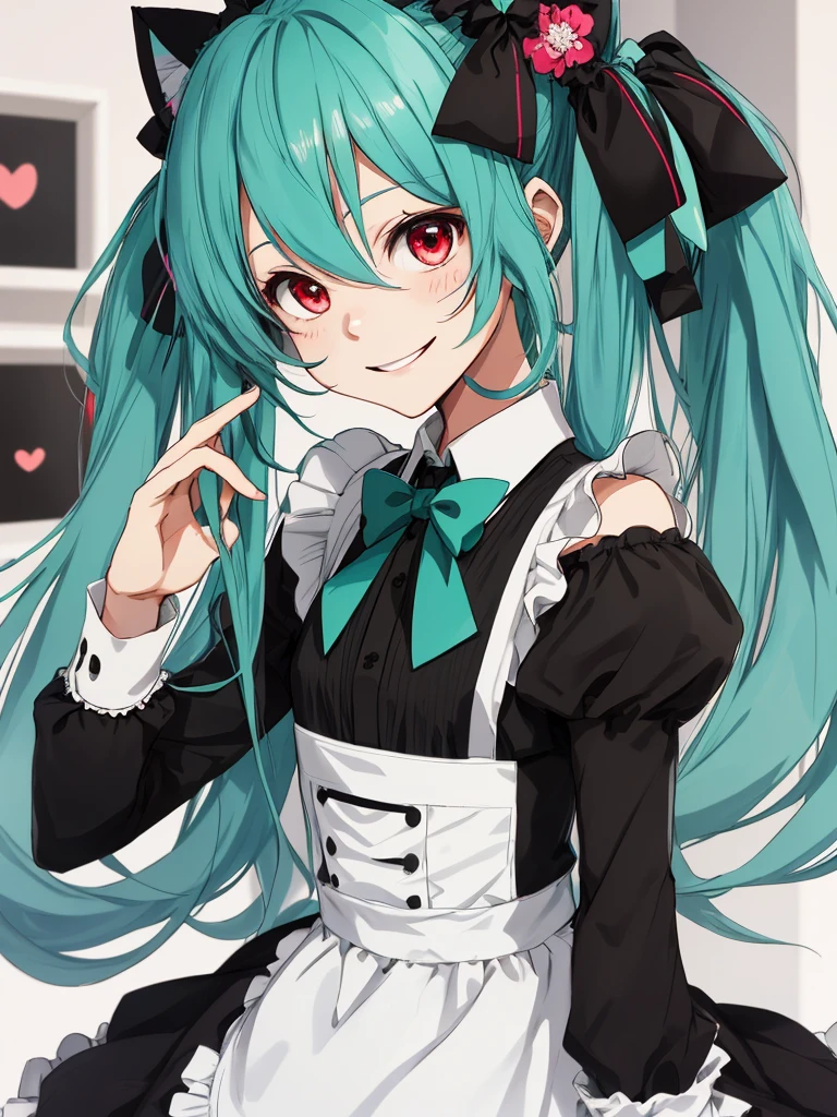 hatsune miku, maid, cute, cat ears, smiling, red eyes, black hair