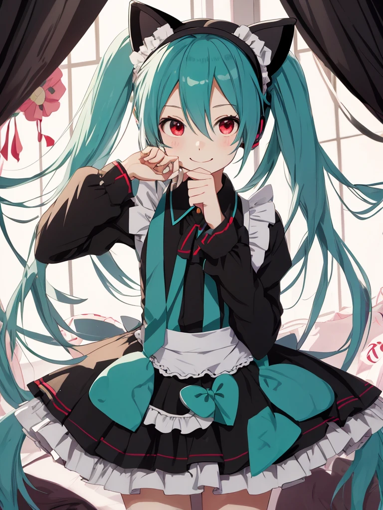 hatsune miku, maid, cute, cat ears, smiling, red eyes, black hair
