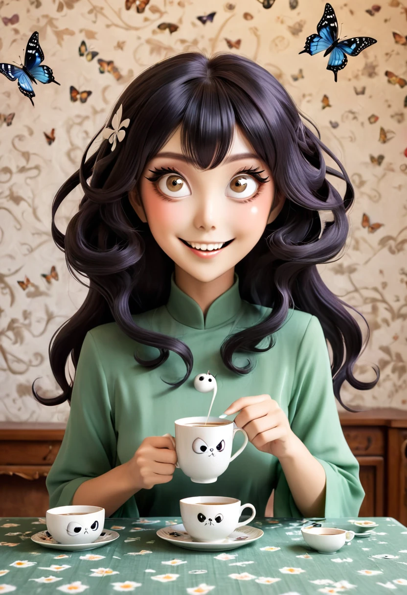 The beautiful Tatsumaki, With her huge eyes she looks amazed and with a big smile while she drinks tea from ceramic cups with ghostly cat shapes while the butterflies flutter around the table and the tablecloth..