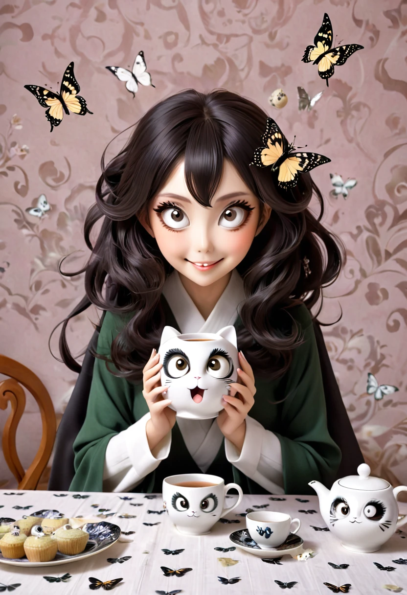 The beautiful Tatsumaki, With her huge eyes she looks amazed and with a big smile while she drinks tea from ceramic cups with ghostly cat shapes while the butterflies flutter around the table and the tablecloth..