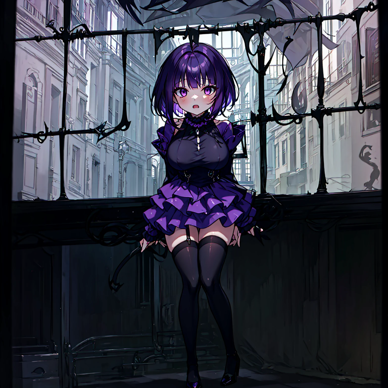 (solo), (1 skinny short girl:1.2), in the dark hall of mansion, (midnight), purple eyes over hair, Gothic Lolita, arms behind back, BREAK, (black short hair), (bursting huge breasts:1.1), (bouncing huge breasts:1.2), pale white skins, (skinny narrow waist), skinny legs, BREAK, (frilled layered black short dress), (frilled black cape), close chest, frilled long sleeve, show off thigh gap, (frilled black thighhighs:1.1), stiletto heels, BREAK, sad face, orgasm, coverd erectile nipples