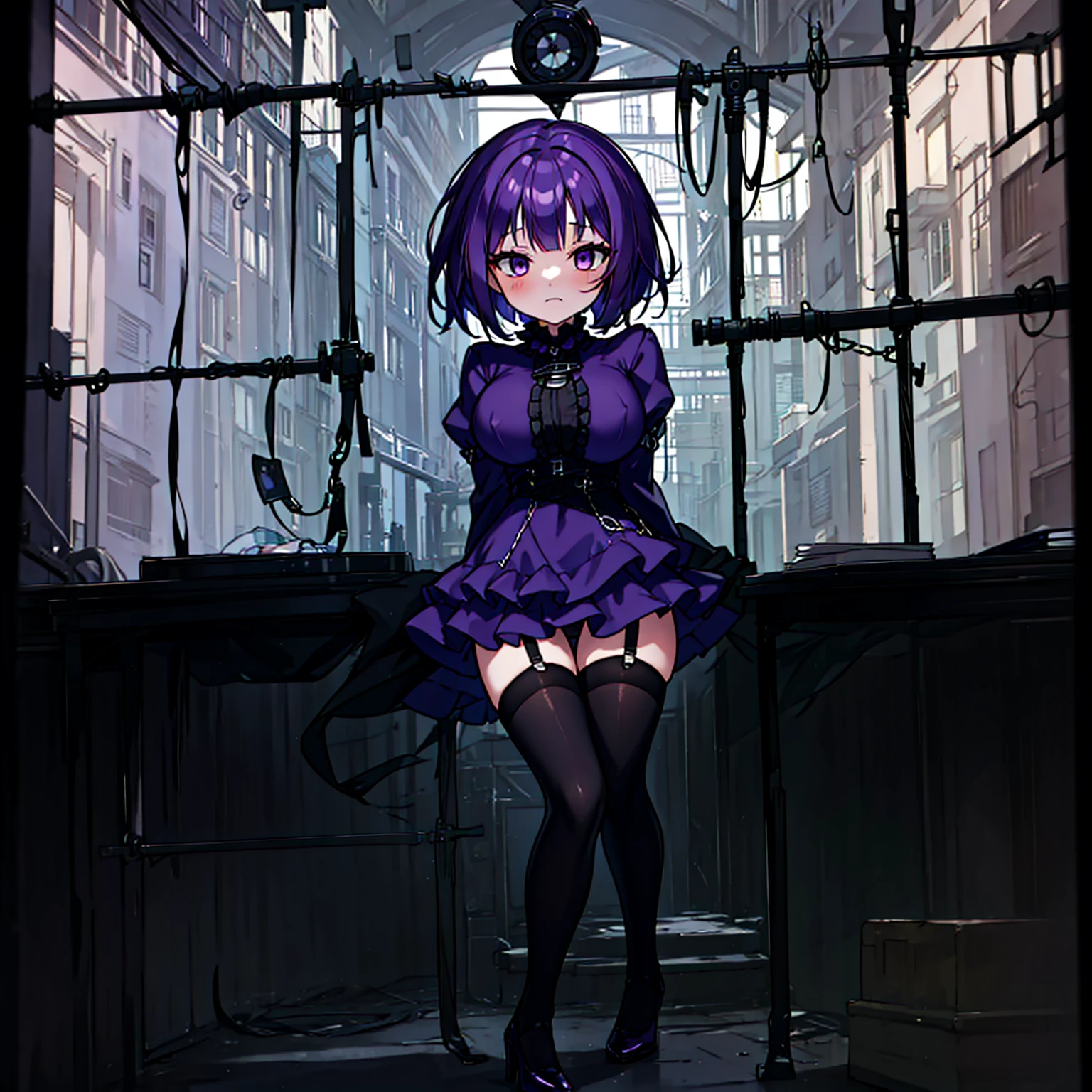 (solo), (1 skinny short girl:1.2), in the dark hall of mansion, (midnight), purple eyes over hair, Gothic ta, arms behind back, BREAK, (black short hair), (bursting huge breasts:1.1), (bouncing huge breasts:1.2), pale white skins, (skinny narrow waist), skinny legs, BREAK, (frilled layered black short dress), (frilled black cape), close chest, frilled long sleeve, show off thigh gap, (frilled black thighhighs:1.1), stiletto heels, BREAK, sad face, orgasm, coverd erectile nipples