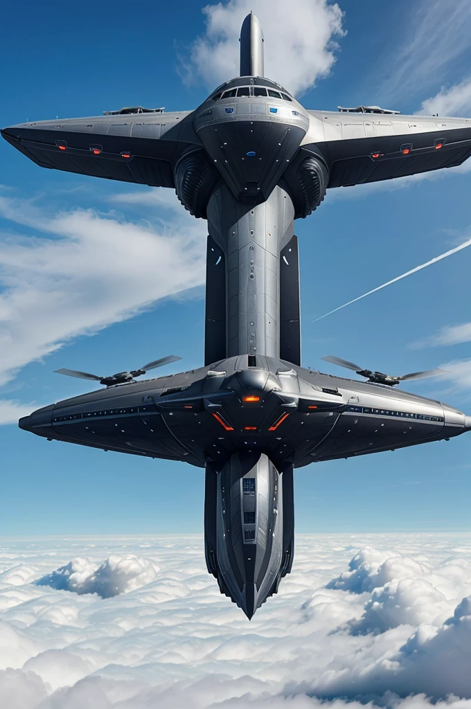 Create a futuristic airship inspired by the Avengers movie warship, flying high above the clouds with sleek, advanced technology, large propellers, and a majestic, imposing design, masterpiece , complete image of warship