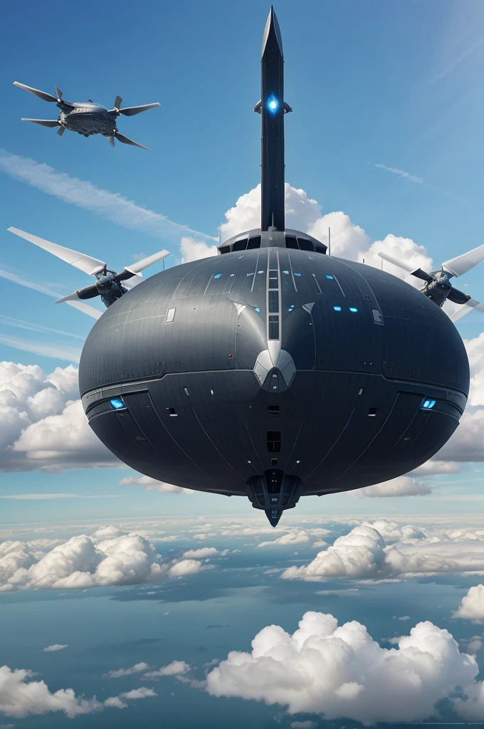 Create a futuristic airship inspired by the Avengers movie warship, flying high above the clouds with sleek, advanced technology, large propellers, and a majestic, imposing design, masterpiece , complete image of warship
