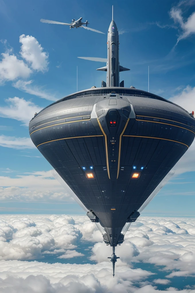 Create a futuristic airship inspired by the Avengers movie warship, flying high above the clouds with sleek, advanced technology, large propellers, and a majestic, imposing design, masterpiece , complete image of warship