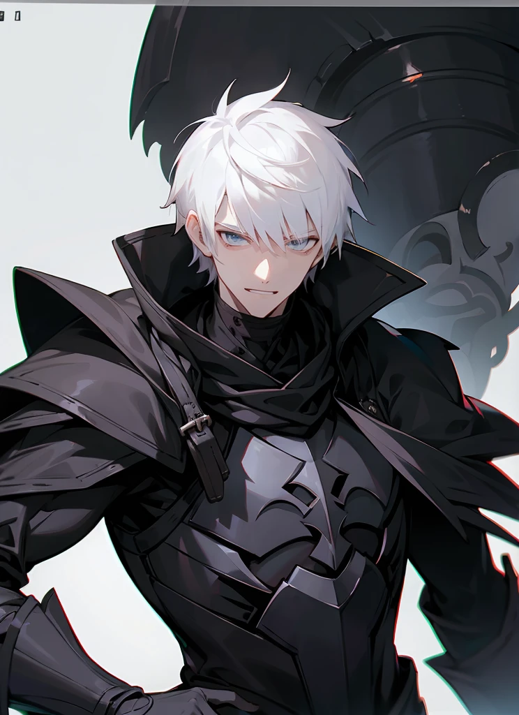 1 , handsome fashion hair,black hair highlight white hair, fanstasy, smile face, male ,fantasy, reaper, hunter with blackshortsword, villian face, short hair black armor , darkness wolrd, 