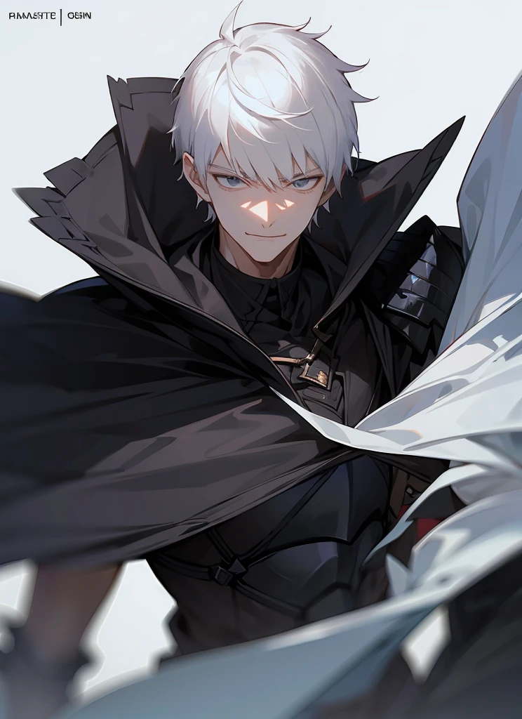 1 , handsome fashion hair,black hair highlight white hair, fanstasy, smile face, male ,fantasy, reaper, hunter with blackshortsword, villian face, short hair black armor , darkness wolrd,