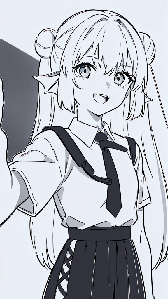 1girl,20 years old,solo,(Line Art,white background,sketch,Pencil drawing,traditional media),long hair,white hair,finana,twintails,((white shirt,short sleeves,black standart tie,black skirt)),open mouth,outstretched hand,smile,double bun,(from front)