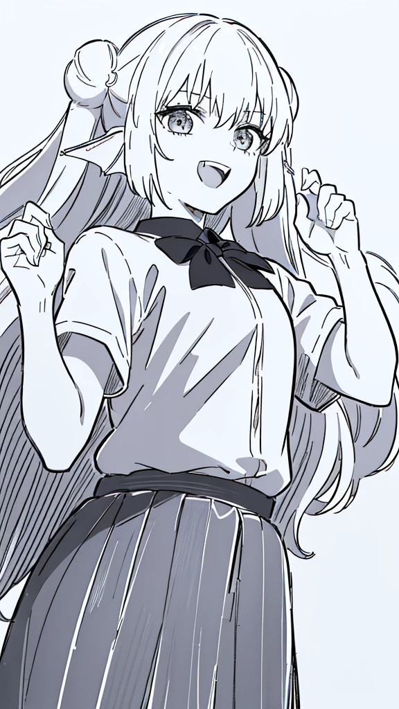 1girl,20 years old,solo,(Line Art,white background,sketch,Pencil drawing,traditional media),long hair,white hair,finana,twintails,((white shirt,short sleeves,black standart tie,black skirt)),open mouth,outstretched hand,smile,double bun,(from front)