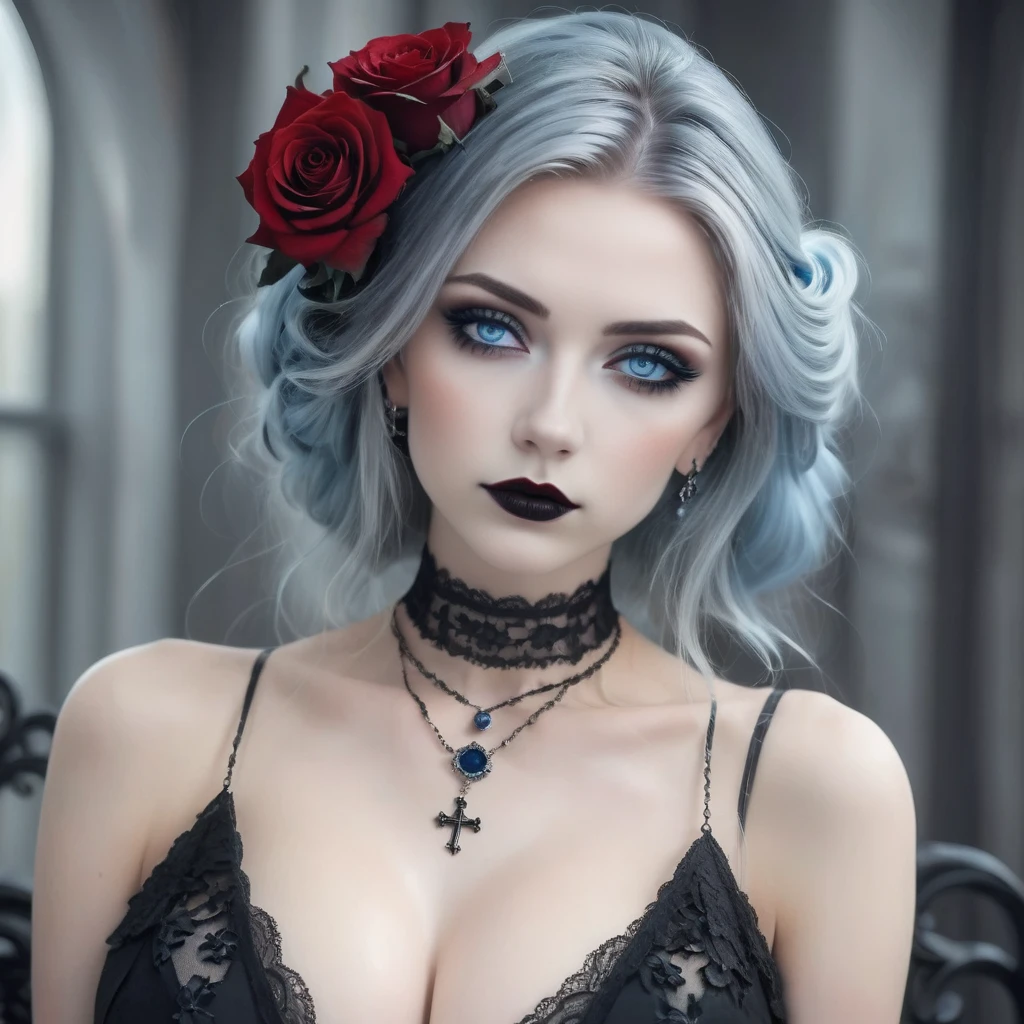 A stunning gothic woman with pale skin and intense blue eyes, framed by dramatic black eye makeup and dark lipstick. Her hair is styled in an elegant updo, adorned with red roses and intricate silver headpieces. She wears a black lace choker and matching earrings, both decorated with blue gemstones and a bright red ornate cross necklace. The background is a gradient of deep blue, enhancing the mystical and enchanting atmosphere. The overall style is dark, yet elegant, combining gothic and fantasy elements with a touch of romanticism. Hyper realistic photo, 16k, vibrant colors