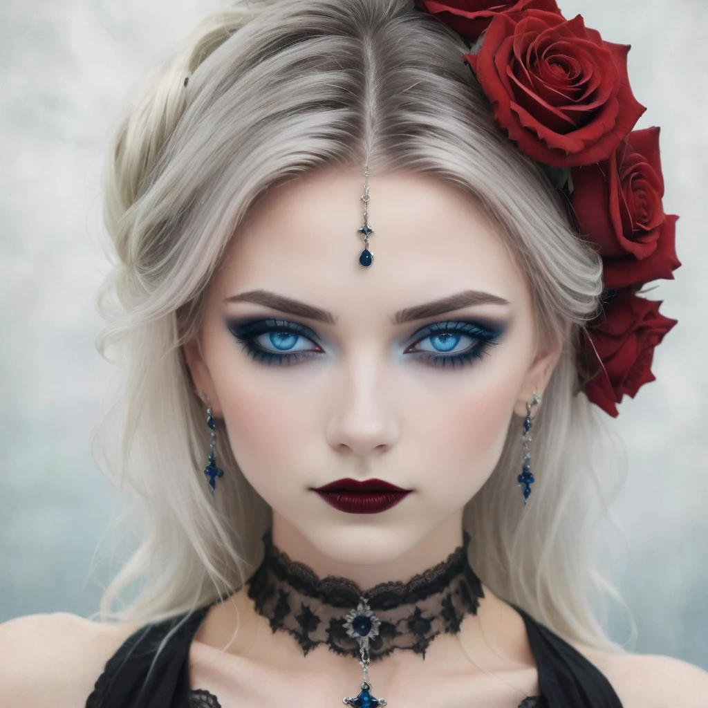 A stunning gothic woman with pale skin and intense blue eyes, framed by dramatic black eye makeup and dark lipstick. Her hair is styled in an elegant updo, adorned with red roses and intricate silver headpieces. She wears a black lace choker and matching earrings, both decorated with blue gemstones and a bright red ornate cross necklace. The background is a gradient of deep blue, enhancing the mystical and enchanting atmosphere. The overall style is dark, yet elegant, combining gothic and fantasy elements with a touch of romanticism. Hyper realistic photo, 16k, vibrant colors