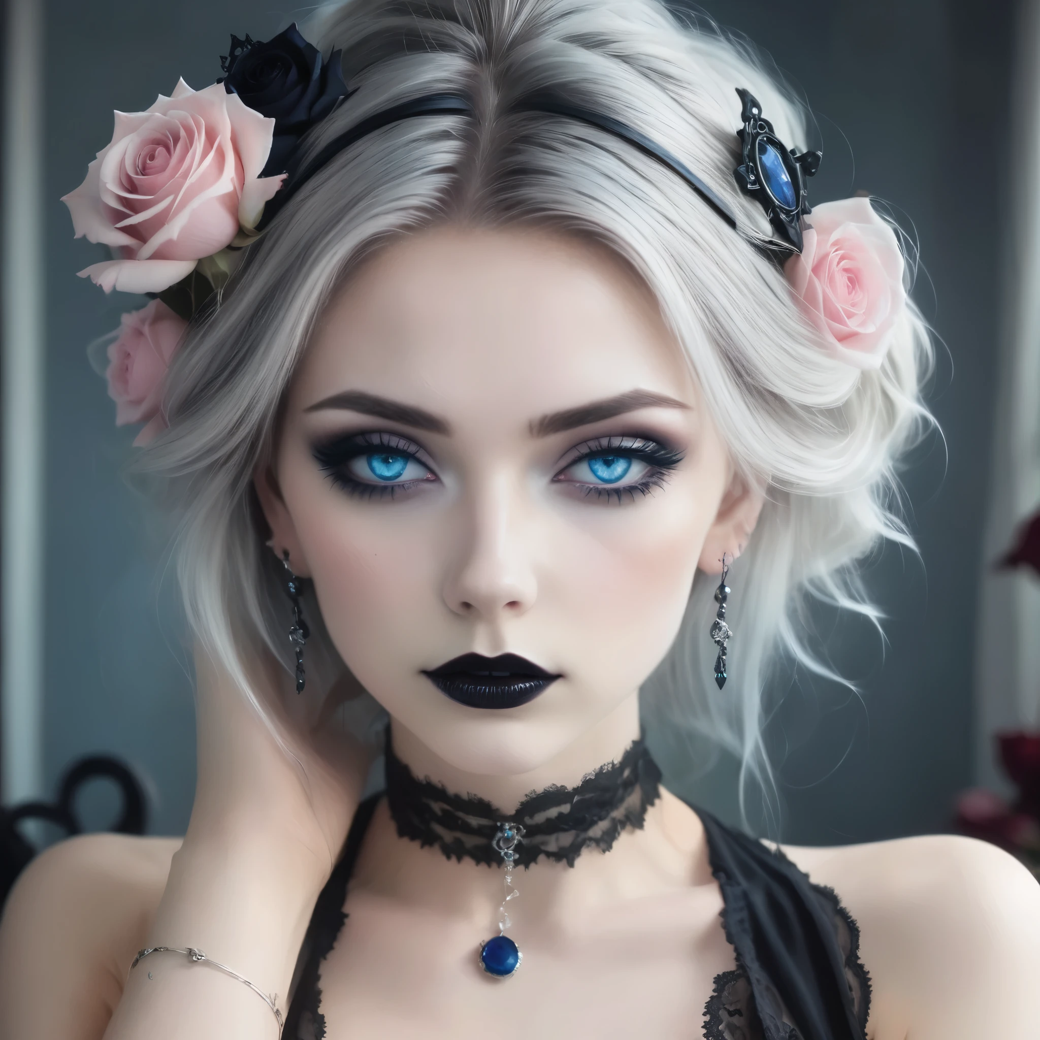 A stunning gothic woman with pale skin and intense blue eyes, framed by dramatic black eye makeup and dark lipstick. Her hair is styled in an elegant updo, adorned with pink roses and intricate silver headpieces. She wears a black lace choker and matching earrings, both decorated with blue gemstones. The background is a gradient of deep blue, enhancing the mystical and enchanting atmosphere. The overall style is dark, yet elegant, combining gothic and fantasy elements with a touch of romanticism. Hyper realistic photo, 16k, vibrant colors
