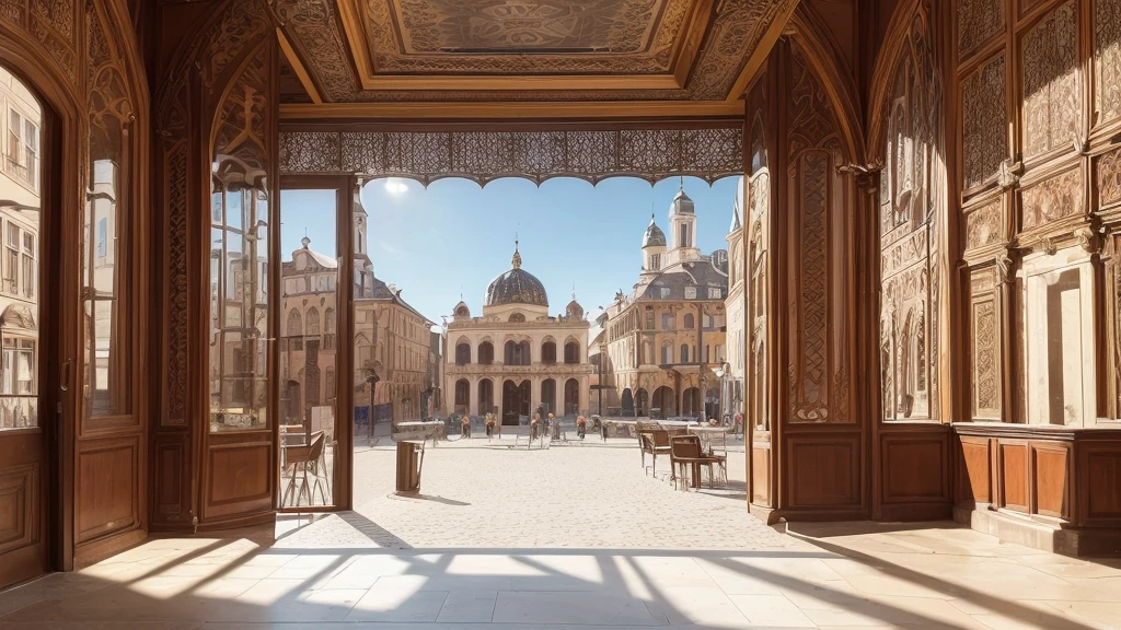 An afternoon scene showing a deserted, sophisticated cafe against the backdrop of baroque architecture and a square. In this scene, the cafe's exterior is decorated with intricate patterns, and the windows reflect the afternoon sun. The surrounding buildings feature ornate carvings and arches that highlight the historic city.