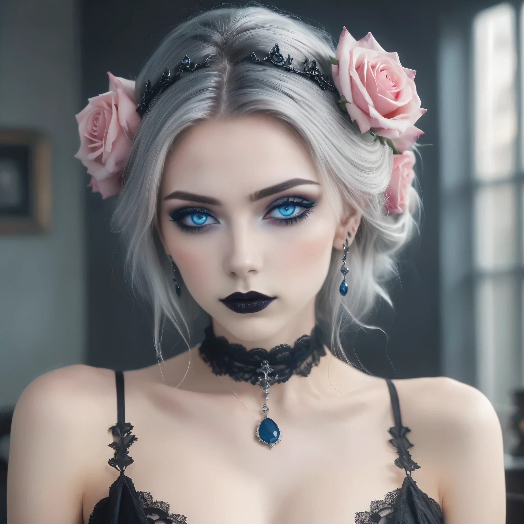 A stunning gothic woman with pale skin and intense blue eyes, framed by dramatic black eye makeup and dark lipstick. Her hair is styled in an elegant updo, adorned with pink roses and intricate silver headpieces. She wears a black lace choker and matching earrings, both decorated with blue gemstones. The background is a gradient of deep blue, enhancing the mystical and enchanting atmosphere. The overall style is dark, yet elegant, combining gothic and fantasy elements with a touch of romanticism. Hyper realistic photo, 16k, vibrant colors