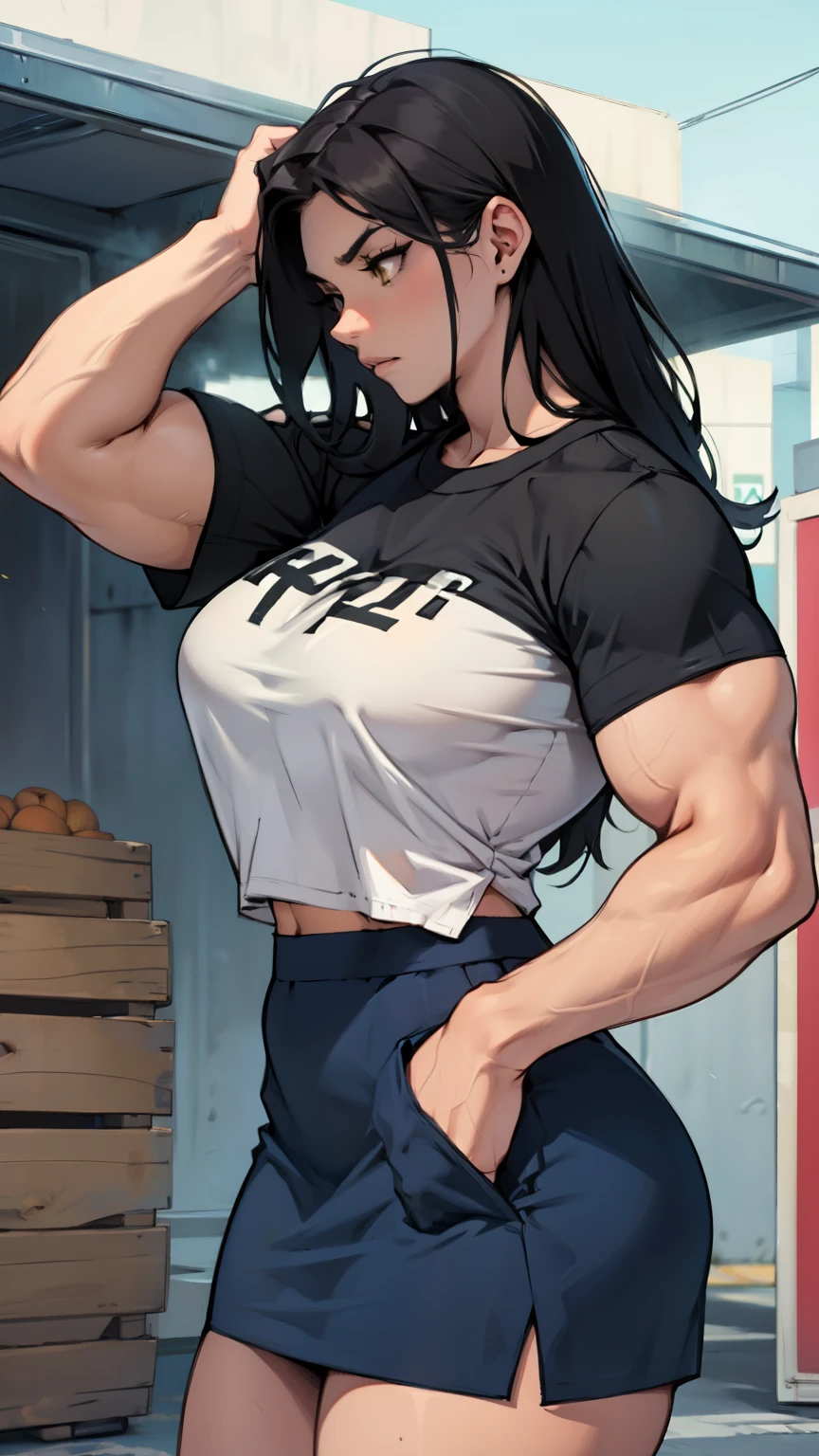 huge muscles huge breasts huge thighs pale skin black hair yellow eyes very long hair muscular girl sad expressionless plated skirt long sleeve long sleeve over-sized t-shirt over-sized t-shirt