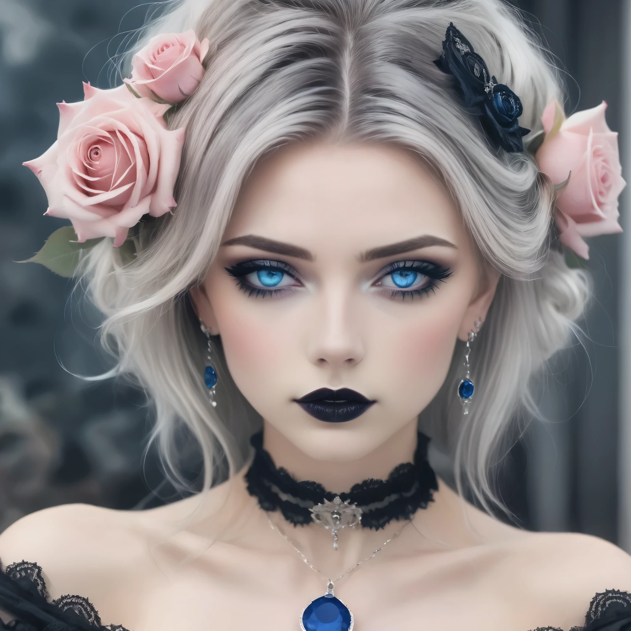 A stunning gothic woman with pale skin and intense blue eyes, framed by dramatic black eye makeup and dark lipstick. Her hair is styled in an elegant updo, adorned with pink roses and intricate silver headpieces. She wears a black lace choker and matching earrings, both decorated with blue gemstones. The background is a gradient of deep blue, enhancing the mystical and enchanting atmosphere. The overall style is dark, yet elegant, combining gothic and fantasy elements with a touch of romanticism. Hyper realistic photo, 16k, vibrant colors