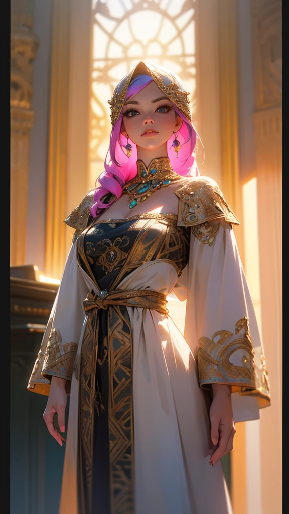 A photorealistic, highly detailed 3D render of a VTuber model, standing straight as if facing a mirror, with beautiful detailed eyes, beautiful detailed lips, extremely detailed face and hair, long eyelashes, delicate facial features, looking directly at the camera, smooth skin, wearing a colorful, intricate costume with detailed textures, complex accessories, dynamic lighting, vibrant colors, cinematic composition, masterpiece, 8k, HDR