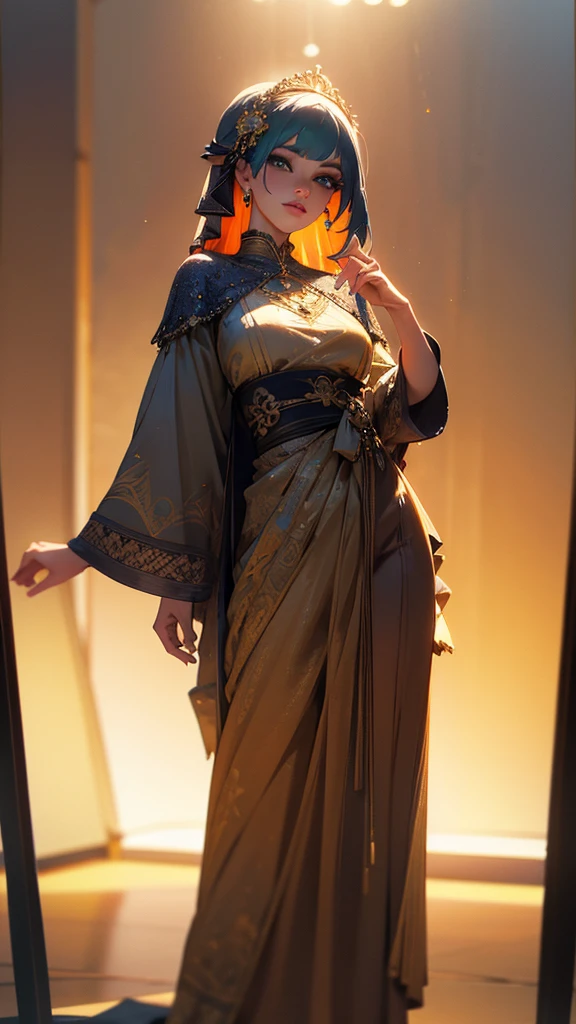 A photorealistic, highly detailed 3D render of a VTuber model, standing straight as if facing a mirror, with beautiful detailed eyes, beautiful detailed lips, extremely detailed face and hair, long eyelashes, delicate facial features, looking directly at the camera, smooth skin, wearing a colorful, intricate costume with detailed textures, complex accessories, dynamic lighting, vibrant colors, cinematic composition, masterpiece, 8k, HDR