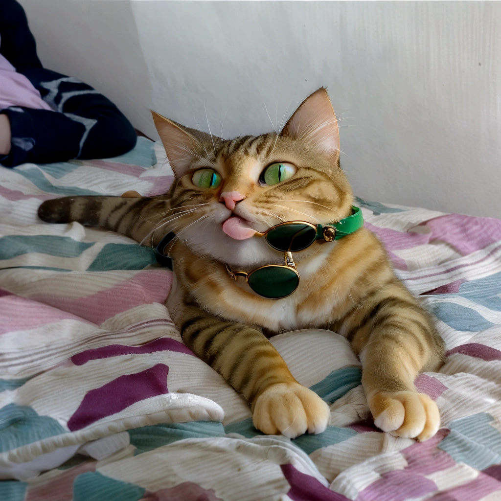 there is a cat lying on a bed with a green collar, glasses around his neck, awesome cat, sitting in bed, sitting on her bed, sitting on a bed, A sick cat lying in a bedroom, sora like a cat, with stunning green eyes, photo of a cat, taken with sony alpha 9, Looking cool and stylish