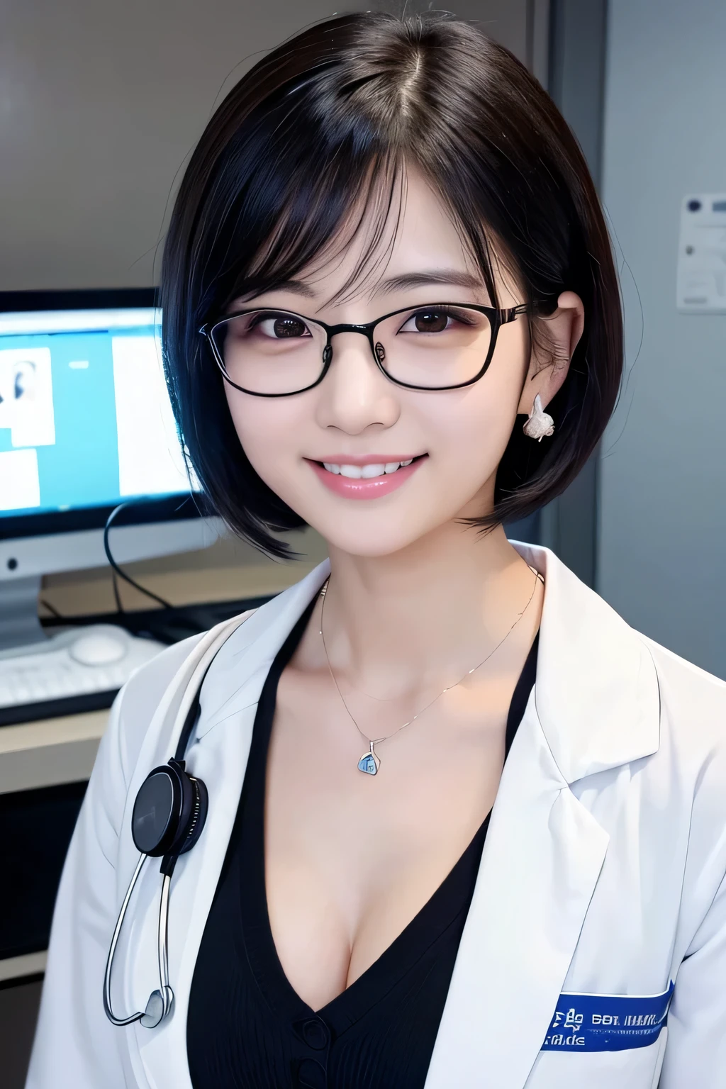 young woman、 Japanese women、Black Hair、Necklace around the neck、White、Misaligned glasses、Cleavage、Doctor's attire、Stethoscope、、smile、Emphasis on teeth、short hair、Wavy Hair、Intricate details, Very detailed:1.2), 、 Looking into the camera,The background is the operating room...、ear piercing
