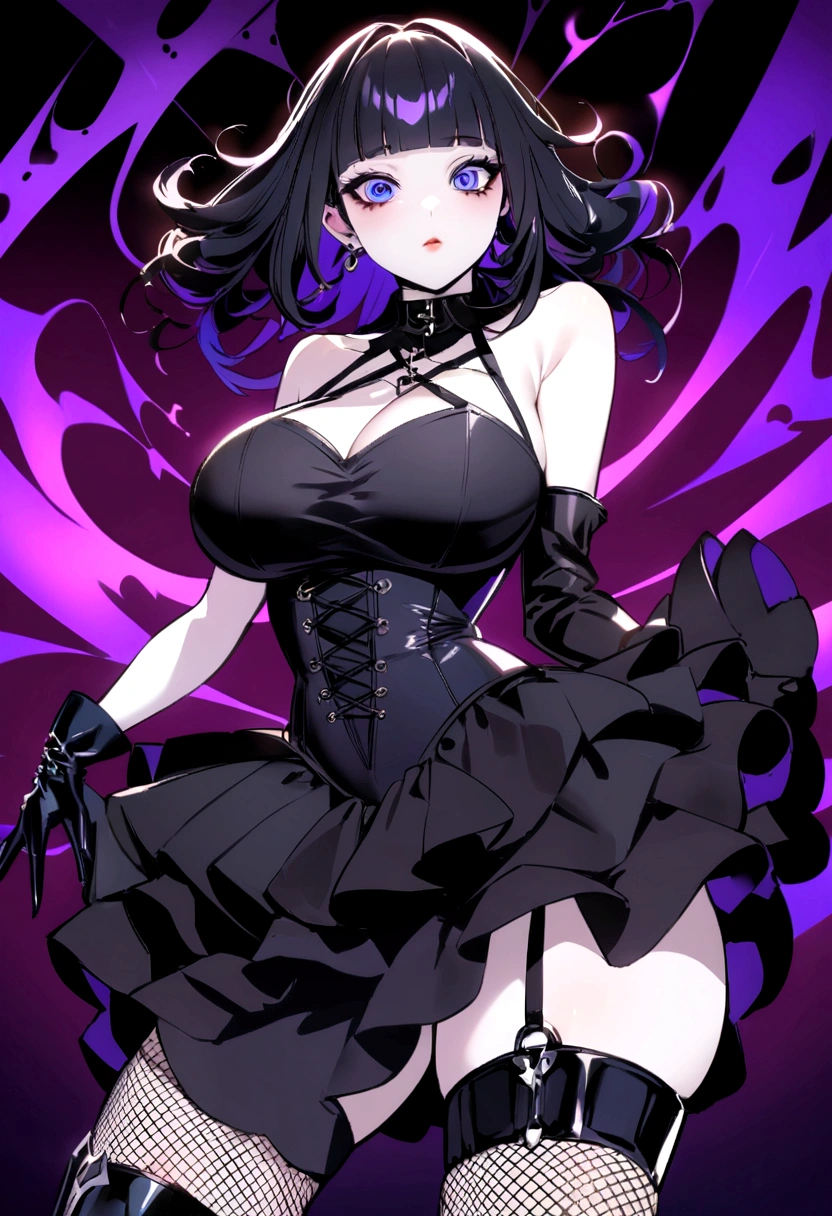 He has jet black hair, short and a little messy, with bangs that frame his pale face. Her large, expressive eyes are an intense blue color that contrasts with her light skin.. Dress in a modern gothic style, using mainly dark colors and red and purple details. Her clothes usually include tight dresses, fishnet stockings and platform boots. , This character has a voluptuous complexion, with pronounced curves and an hourglass figure that adds an air of confidence and sensuality to her presence. His attitude is lively and playful., always full of energy and with a mischievous sense of humor.*
