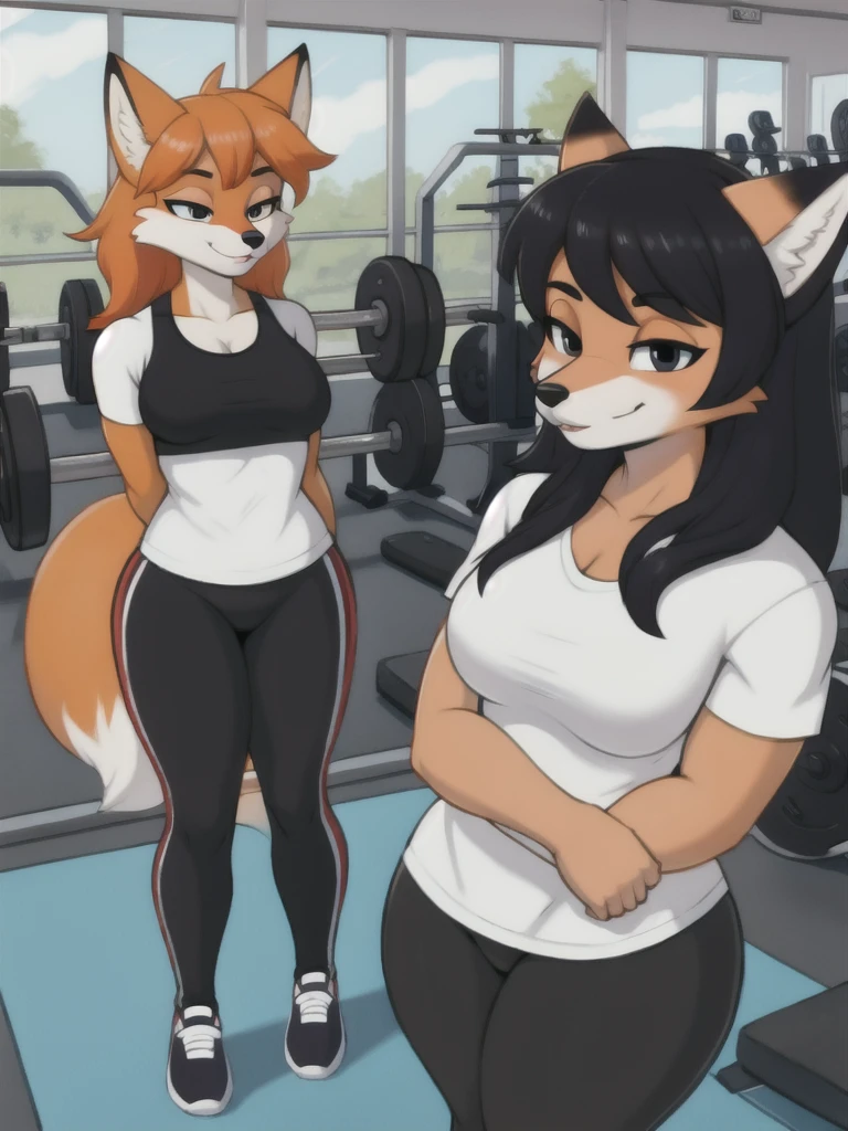 Furry, fox, female, white shirt, black leggings, shoes, gym, teen, full body