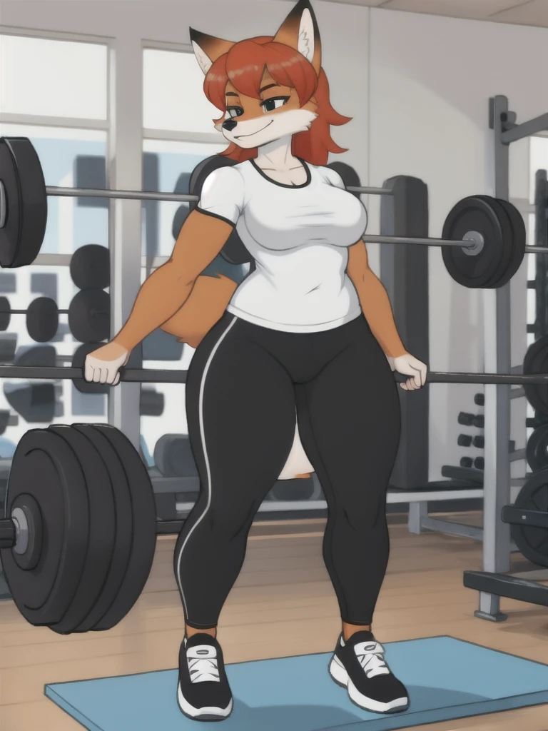 Furry, fox, female, white shirt, black leggings, shoes, gym, teen, full body