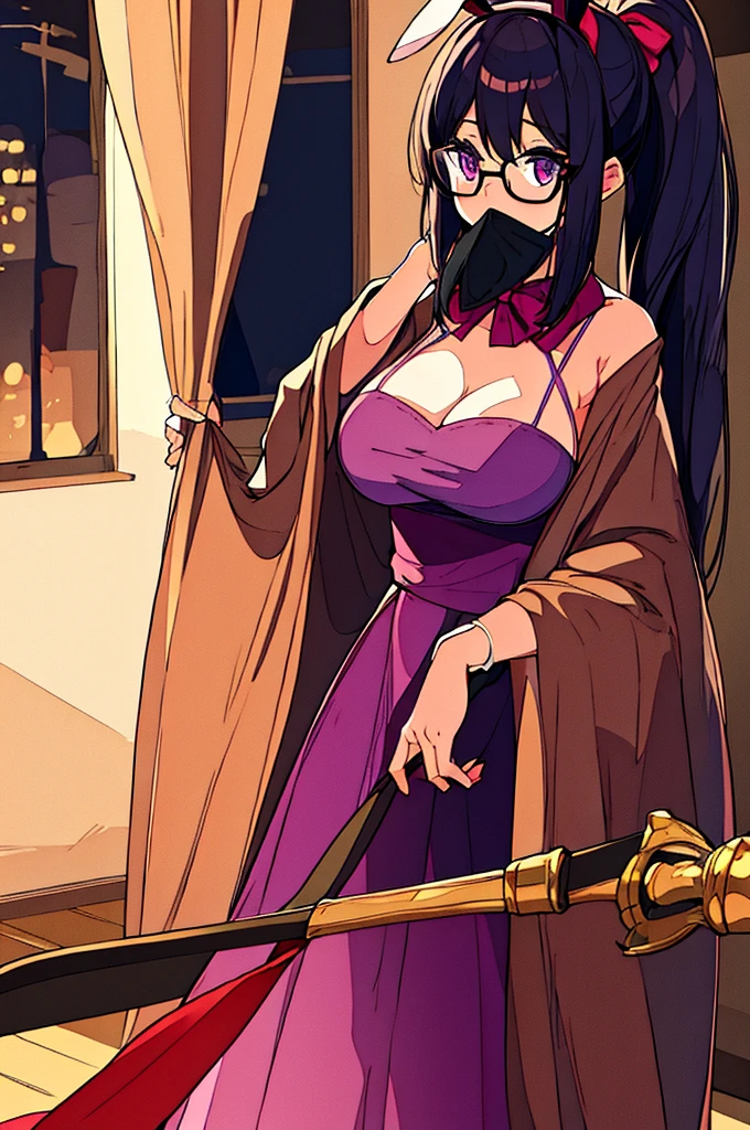 masterpiece,Big Breasts,beauty,Purple glasses,Black Hair,Side Ponytail,Bloody,rabbit mask,Has an axe,Standing under the cloak,night