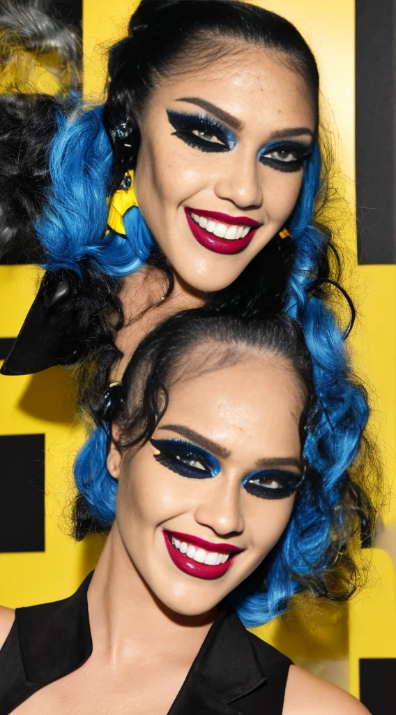 Sexy Hermaphrodite, Plump, pursed lips, freckles, Long curly black and yellow hair with bangs, Crystal blue eyes with smoky eyeshadow and black eyeliner, Black semi-matt lipstick, Dark Skin, A frivolous, proud smile, ,Full body image、Background white、Stiletto heel thigh-high boots