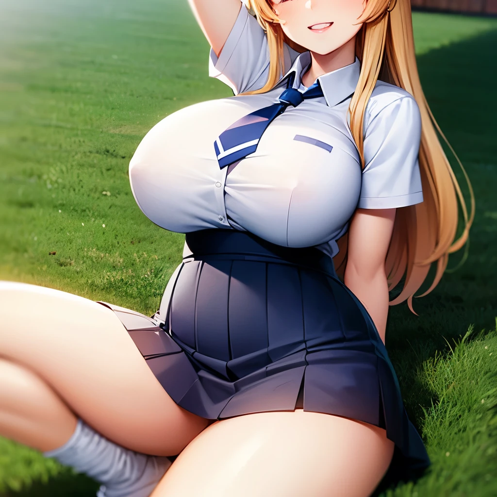 masterpiece, best quality, 8k, complete anatomy, Japanese female, blonde hair, (big breasts:1.4), high-school uniform, white short sleeve shirt, blue striped tie, navy plaid skirt, baseball cap, big smile, in the stadium