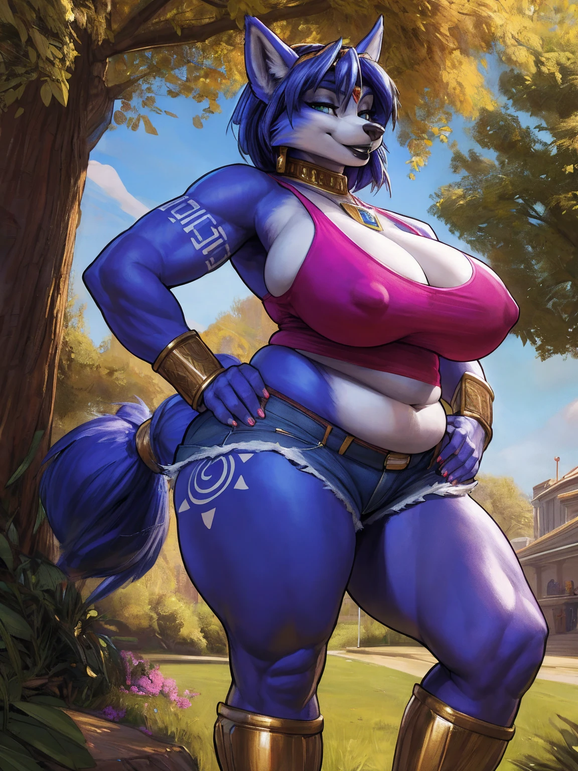 by darkgem, by duase, by bng, solo, 1girl, krystal, krystal starfox, female, older woman, smooth body, chubby, broad shoulders, wide body, wide hips, thick thighs, big arms, heavy breasts, nipple outline, highly detailed eye, milf, tank top, (bare midriff:1.3), cleavage, large areolae, denim cutoffs, visible thong straps, Masterpiece, best quality, absurd res, highly detailed, cleanly drawn eyes, park environment, standing upright, big bottom lip, black lipstick, casual posture, hands on hips,
