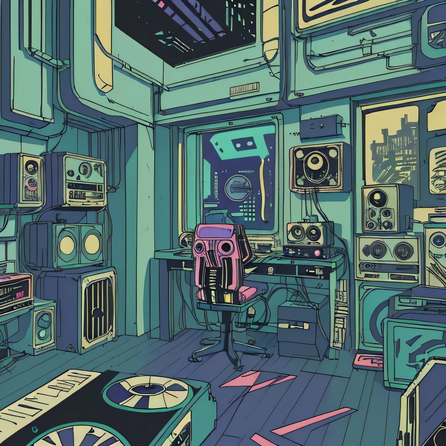 , Super detailed, Retro Wave, cyber punk, Sad mood, night light through the window, night vibes, room, 2D, (Long Shot), Wide Shot, (film noise), Old cartoons, (Lots of records:1.3), (masterpiece, Highest quality, Highest quality, Official Art, beautifully、aesthetic: 1.2), (Very detailed, (Fractal Art: 1.4), guitar, (Note: 1.4), ( Lo-fi hip hop), Indoor scenery by the window, Old Anime Texture, alone, speaker, cyber punk, vinyl, night、boy、９０s、jazz