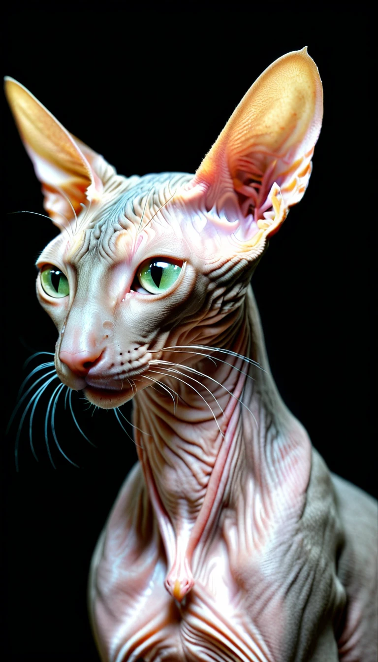 There is no one, realistic photo, realism, peterbald (Peterbald) cat, perfect composition, intricate details, Very sharp, masterpiece, profile, high resolution