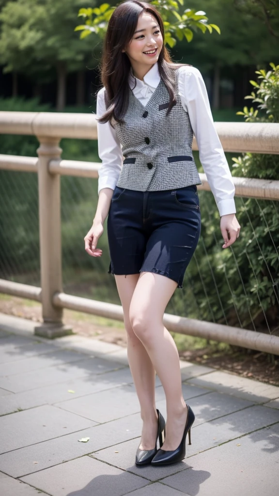 Ulchan-6500-v1.1, (RAW photo:1.2), (Photoreal), (genuine:1.4), 1girl、perfect anatomy、48 years old、look at the camera、medium long hair、Plaid vest、((walk in the park:1.1))、(super realistic pantyhose:1.2), (high heels)、(business services)、((full body shot:1.2))、(very affectionate smile:1.2)、peeing self, wetting her clothes, can't hold her pee face, wetting herself desperate, pee desperation pose, her body can't hold her pee and wets herself ultra desperate in the middle of the cicty in absolute desperaton wetting herself, pee runing down her legs, standing up, hyper pee desperate face, big pee pudle