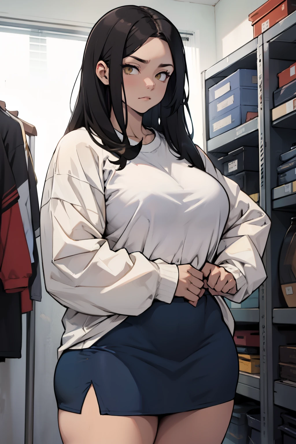 huge muscles huge breasts huge thighs pale skin black hair yellow eyes very long hair muscular girl sad expressionless plated skirt long sleeve long sleeve over-sized t-shirt over-sized t-shirt