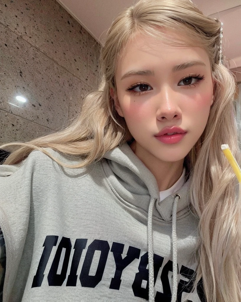 Blonde girl with long hair holding a toothbrush in her hand, Parque Roseanne do Blackpink, jossi do blackpink, Retrato de Jossi de Blackpink, jennie blackpink, Cl, Lalisa Manoban do Blackpink, Heonhwa Choe, Jinyoung Canela, Shikami, Lalisa Manobal, Jaeyeon Nam, com capuz, Ulzzang