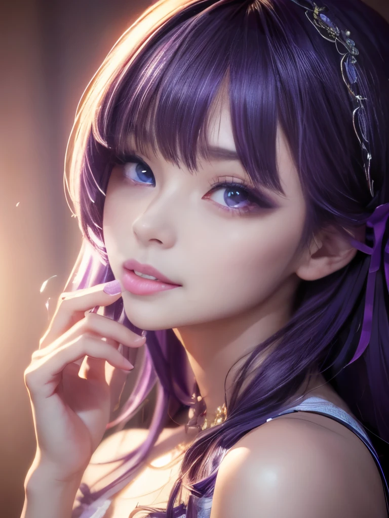 (32k) 16K, 8K, Raw photo:1.5, Ultra high definition, Super detailed face, 美Shii描写, Small Mouth, ((Soft lips,Biting your lip:1.2)), make, female々Shii, Purple Hair, (Purple Eyes,Amethyst Eyes), Amethyst Sparkle, High resolution, perfection. Portraiture. perfectionな身体. Half Body.