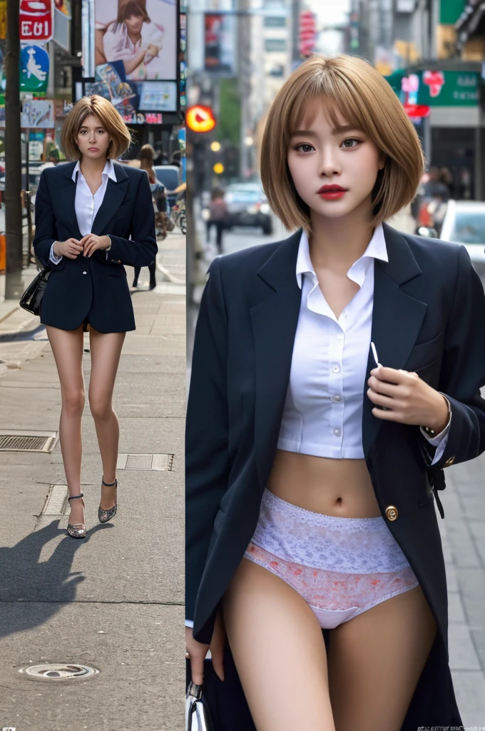 a 18 year old face of the most beautiful actress in the world, the perfect body proportions of a female, blazer is worn on blouse of female upper body, panties between bare legs are almost seen thanks to skirt is too short, the short hair cut of a female is just like male one, standing, at the city street, nsfw, best quality, highly detailed, masterpiece, ultra high res, photo realistic, 8k