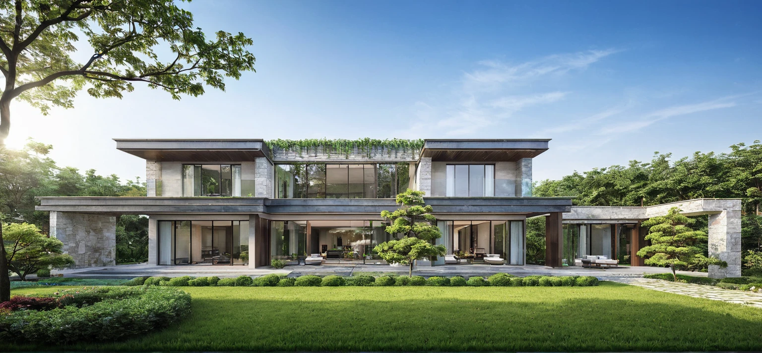 qlcd,tingyuan, photo of modern villa, grassland, garden, shrubs and trees, rock decoration, clear sky, sun light, realistic photo