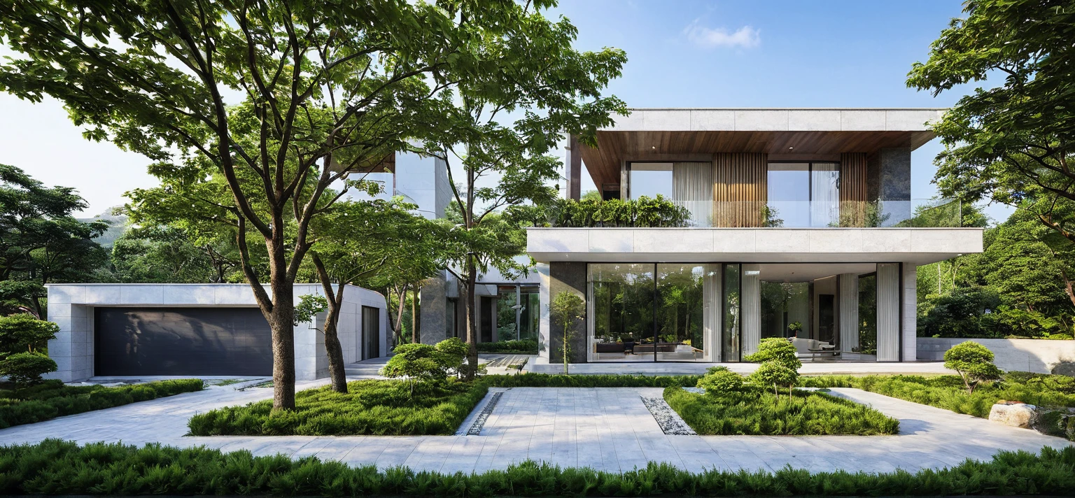 qlcd,tingyuan, photo of modern villa, grassland, garden, shrubs and trees, rock decoration, clear sky, sun light, realistic photo