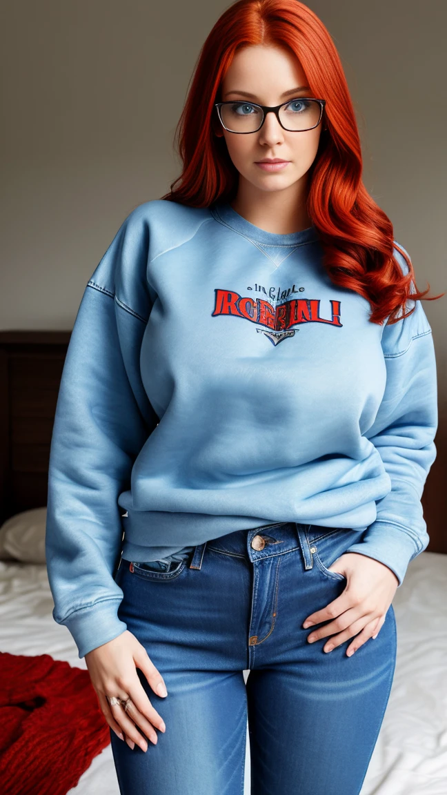 single focus lens, face is realistic, sensual woman, photographed, red hair, ice blue eyes, voluptuous big buttocks, narrow waist, beautiful breasts, (simple sweatshirt and denim jeans:1.2), in a bedroom, with glasses