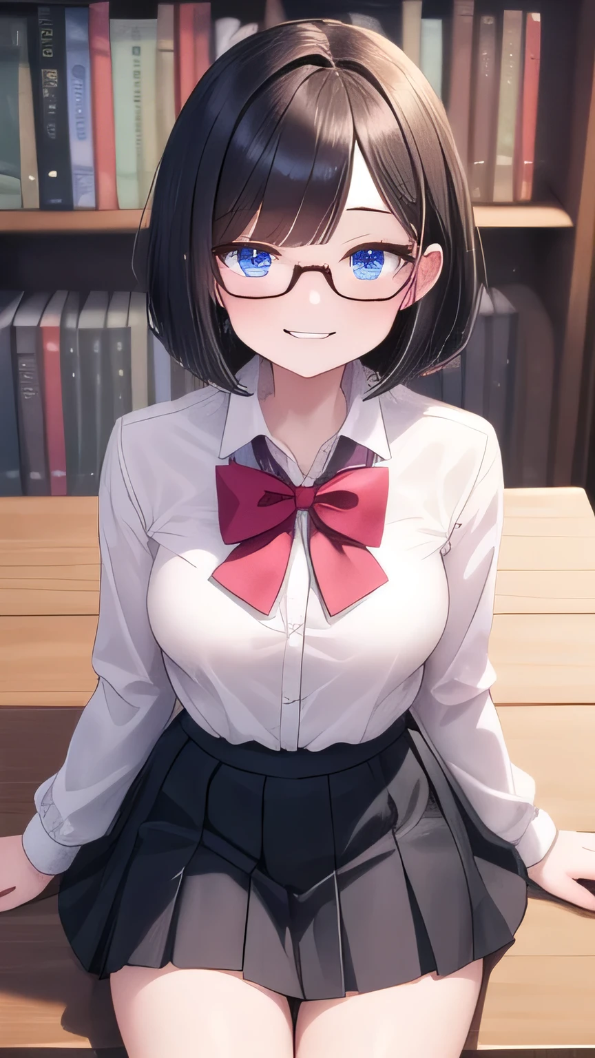 solo girl, 20 years old,cowboy shot,sitting,bob cut hair,short hair,black hair,blue eyes, small breast,glasses,grin,long sleeves shirts,bowtie,pleated skirt,library,insanely detailed, absurdres, ultra-highres, ultra-detailed, best quality, slender, kawaii, perfect symmetrical face, ultra cute girl, ultra cute face, ultra detailed eyes, ultra detailed hair, ultra cute, ultra beautiful,masterpiece,incredibly absurdres,high detail eyes