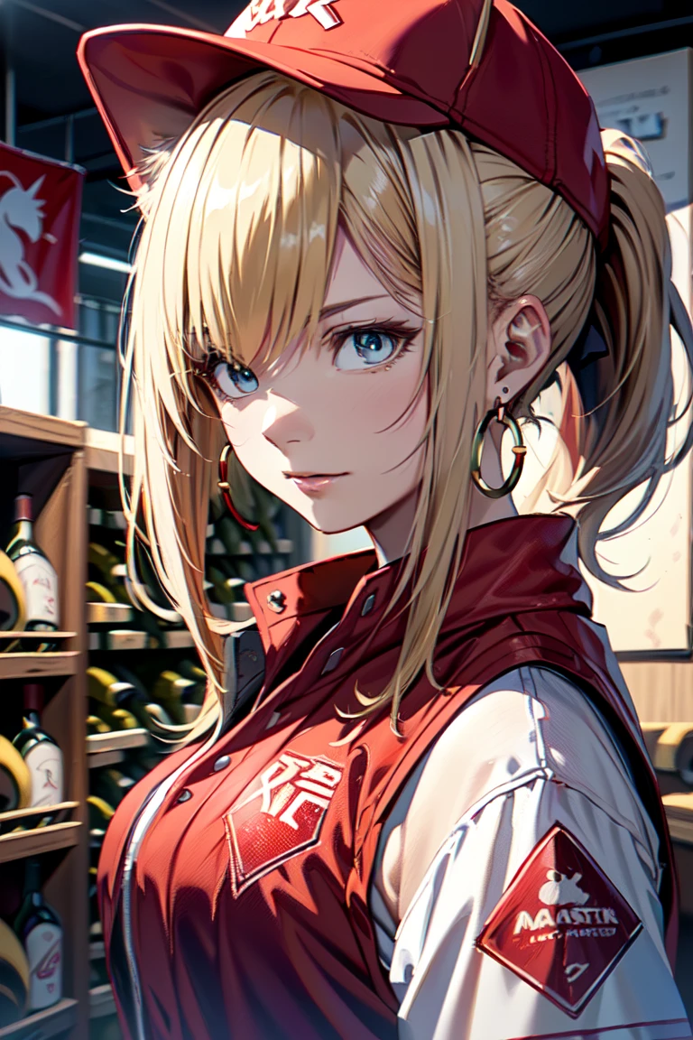((Cat ears)), ((Sleeveless)),((Wine Red Baseball Cap)),((Wearing a wine red baseball uniform))、((Red jacket))、 Blonde Hair, 短めponytail, (Blonde Hair, short,ponytail), Pale blue eyes,Closed Mouth、Hoop Earrings, Jewelry,(Best Quality, 8k, Oil painting, Mastepiece:1.2), Super detailed, (Realism, It's photorealistic:1.37), (((Bust Shot))),