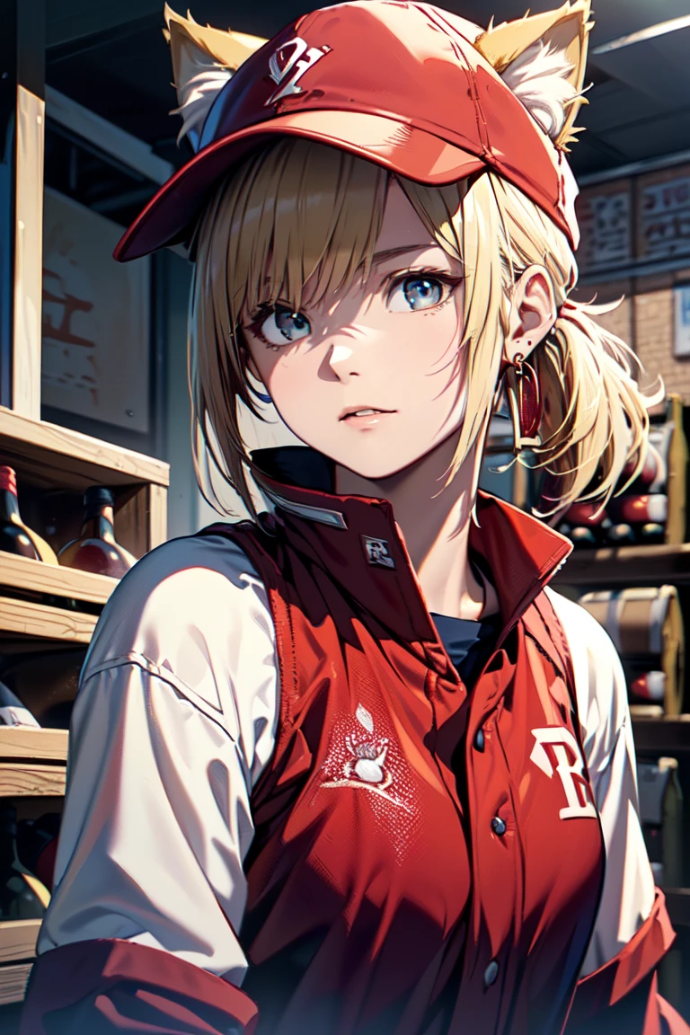 ((Cat ears)), ((Sleeveless)),((Wine Red Baseball Cap)),((Wearing a wine red baseball uniform))、((Red jacket))、 Blonde Hair, 短めponytail, (Blonde Hair, short,ponytail), Pale blue eyes,Closed Mouth、Hoop Earrings, Jewelry,(Best Quality, 8k, Oil painting, Mastepiece:1.2), Super detailed, (Realism, It's photorealistic:1.37), (((Bust Shot))),
