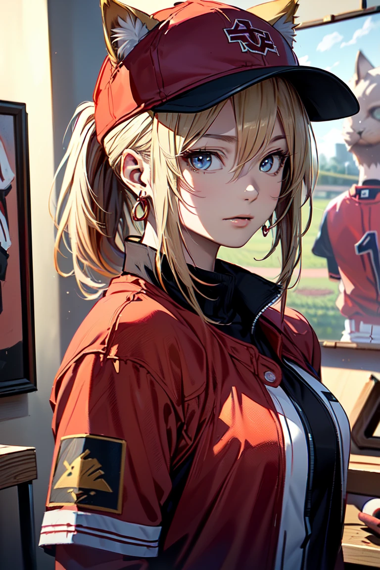 ((Cat ears)), ((Sleeveless)),((Wine Red Baseball Cap)),((Wearing a wine red baseball uniform))、((Red jacket))、 Blonde Hair, 短めponytail, (Blonde Hair, short,ponytail), Pale blue eyes,Closed Mouth、Hoop Earrings, Jewelry,(Best Quality, 8k, Oil painting, Mastepiece:1.2), Super detailed, (Realism, It&#39;s photorealistic:1.37), (((Bust Shot))),