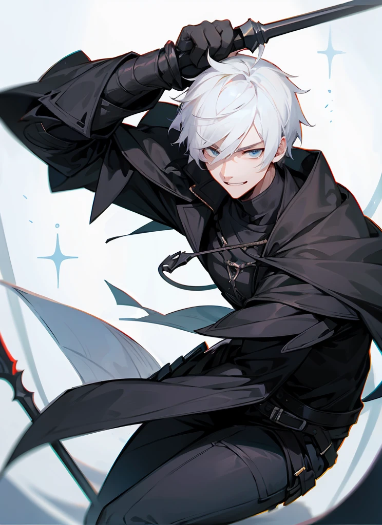 1 , handsome fashion hair,black hair highlight white hair, fanstasy, smile face, male ,fantasy, reaper, hunter with blackshortsword, villian face, short hair black armor , darkness wolrd,