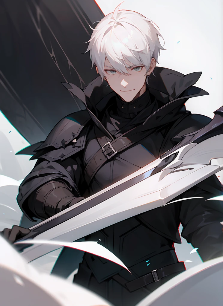 1 , handsome fashion hair,black hair highlight white hair, fanstasy, smile face, male ,fantasy, reaper, hunter with blackshortsword, villian face, short hair black armor , darkness wolrd, 